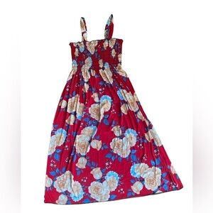 Beautiful Red Floral Smocked Midi Dress - Size Large but Runs Like A Medium